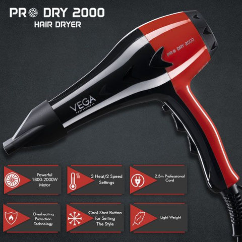 Vega Professional Pro Dry 2000-2200W Hair Dryer -Red - VPVHD-07