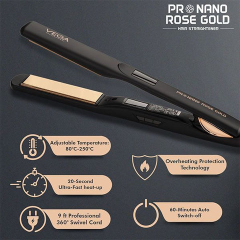 Vega Professional Pro Nano Rose Gold Hair Straightener - VPPHS-01