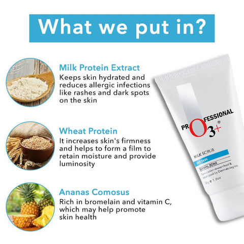 O3+ Milk Scrub Enriched with Macadamia Nuts Extracts for Clean & Bright Complexion